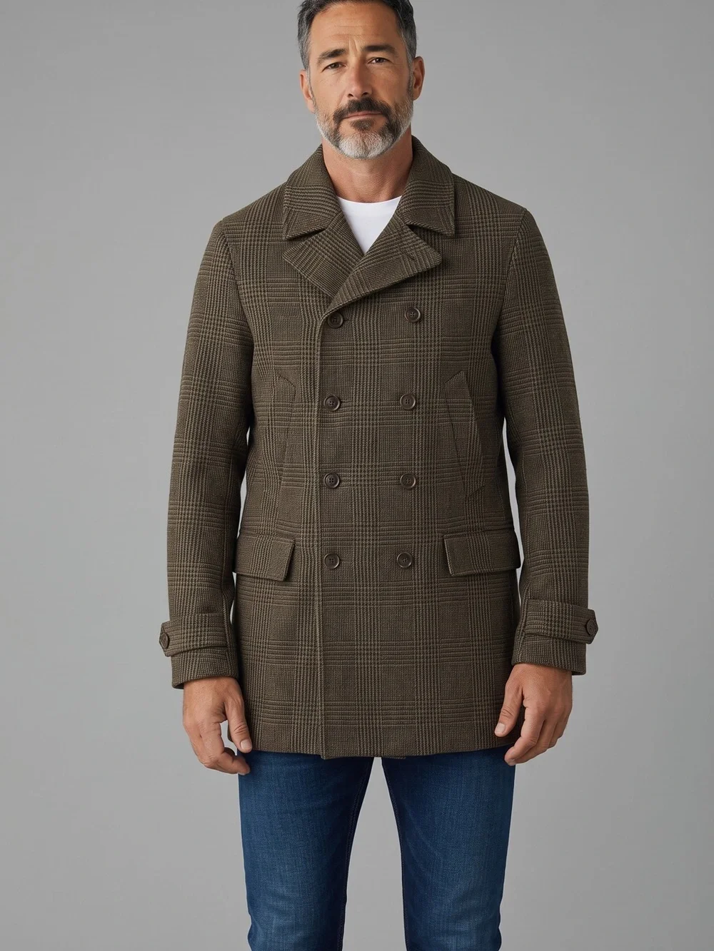Banana Republic Heritage Brown Plaid Double Breasted Wool Peacoat M